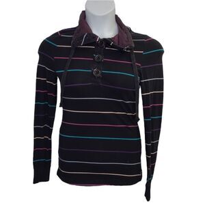 Y2K Twik black striped mock neck stretch long‎ sleeve quarter button top S